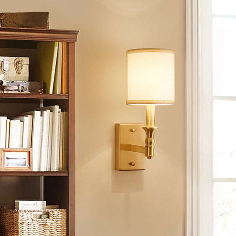 Cylindrical Fabric Wall Light Kit Simplicity 1-Light Bedroom Wall Mount Lighting in Gold