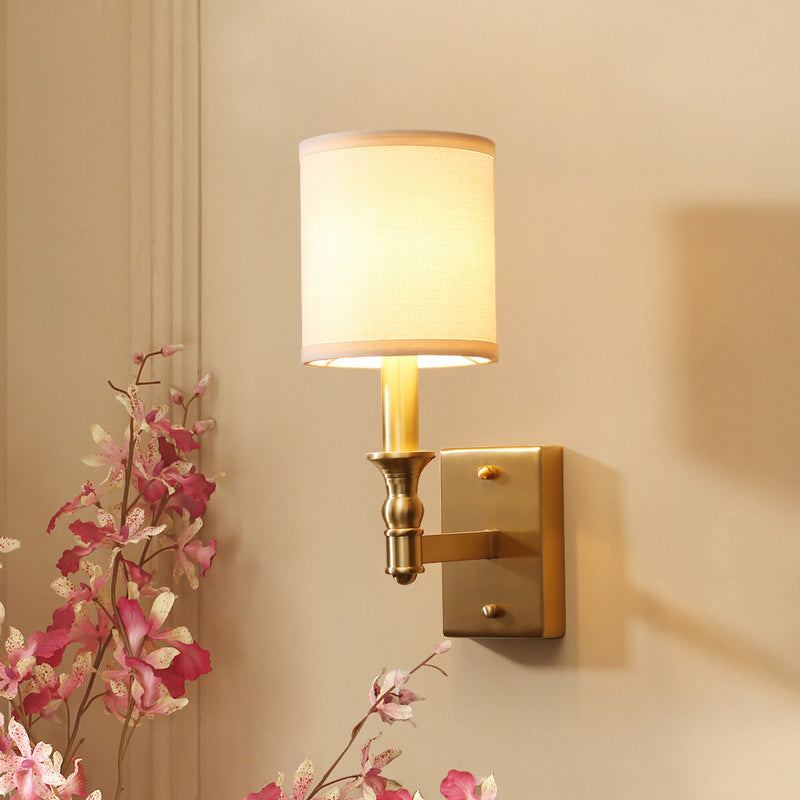 Cylindrical Fabric Wall Light Kit Simplicity 1-Light Bedroom Wall Mount Lighting in Gold