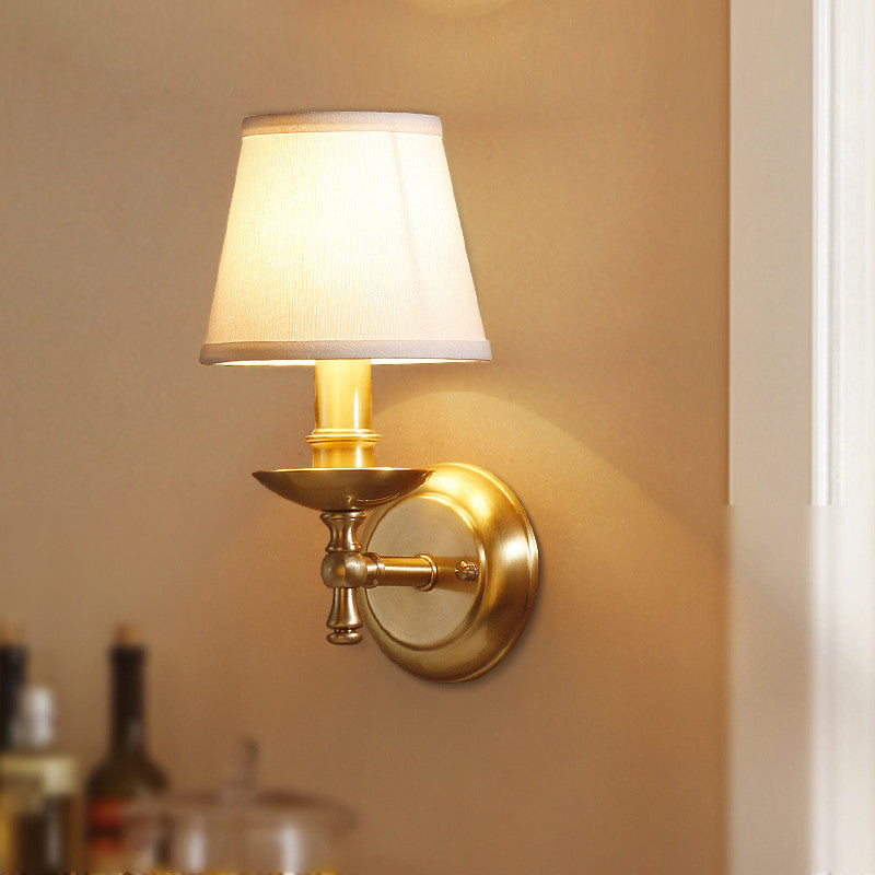 Gold 1 Bulb Wall Mount Light Traditional Fabric Tapered Shade Wall Lamp Fixture for Bedroom