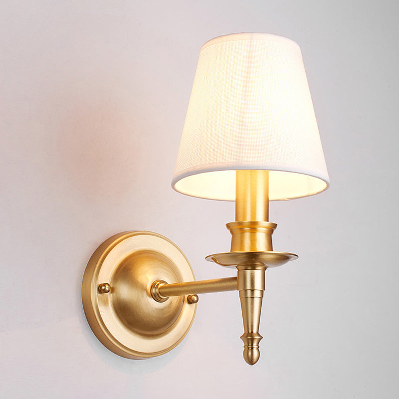 Country Conical Wall Light Single-Bulb Fabric Wall Lighting Ideas with Candle Design in Gold