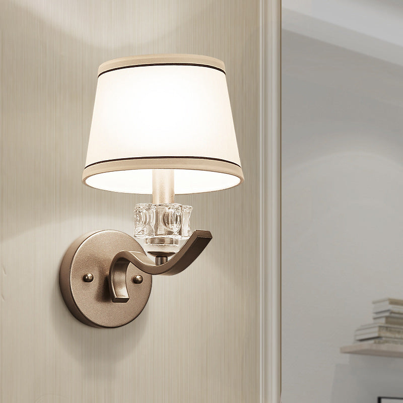Fabric White Wall Mount Lamp Frustum Shaped 1 Bulb Minimalist Wall Light Kit with Crystal Ornament