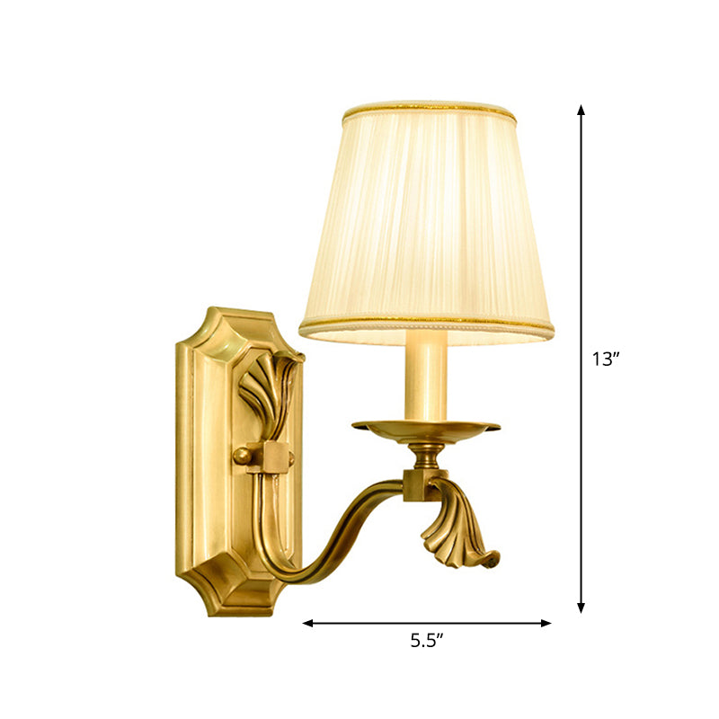 Candle Bedside Wall Lighting Rustic Metal 1/2-Light Gold Wall Mount Lamp with Cone Pleated Fabric Shade