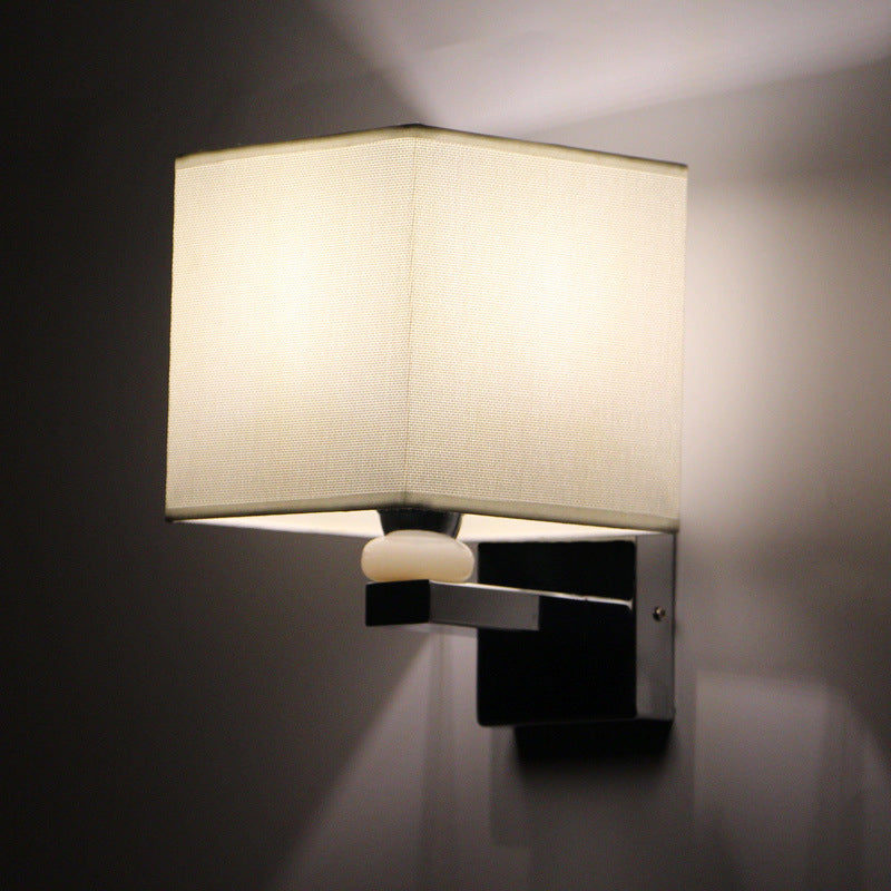 Nordic Cubic Wall Sconce Fabric 1-Light Dining Room Wall Mount Light Fixture in Beige/White/Flaxen