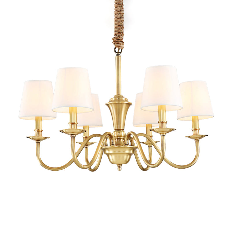Gold 6/8-Light Hanging Chandelier Colonial Style Fabric Conical Suspension Pendant Light