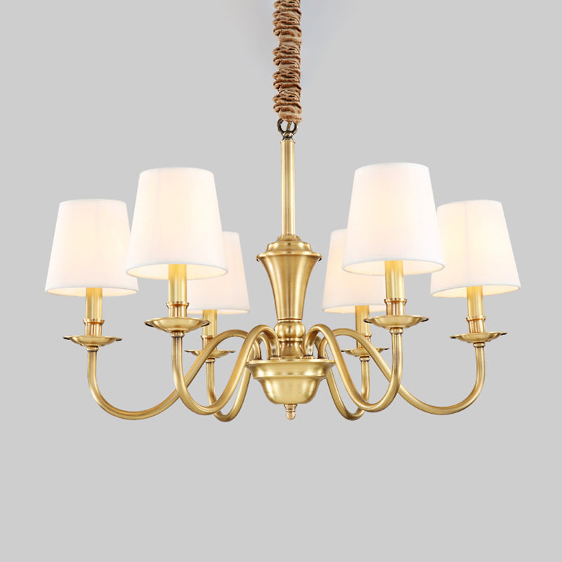 Gold 6/8-Light Hanging Chandelier Colonial Style Fabric Conical Suspension Pendant Light