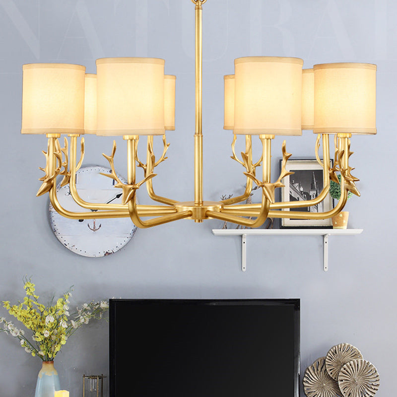 Rustic Antler Hanging Ceiling Light 3/6/8 Bulbs Metal Chandelier in Gold with Cylindrical Fabric Shade