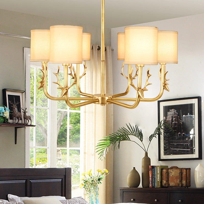Rustic Antler Hanging Ceiling Light 3/6/8 Bulbs Metal Chandelier in Gold with Cylindrical Fabric Shade