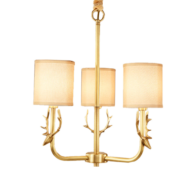 Rustic Antler Hanging Ceiling Light 3/6/8 Bulbs Metal Chandelier in Gold with Cylindrical Fabric Shade