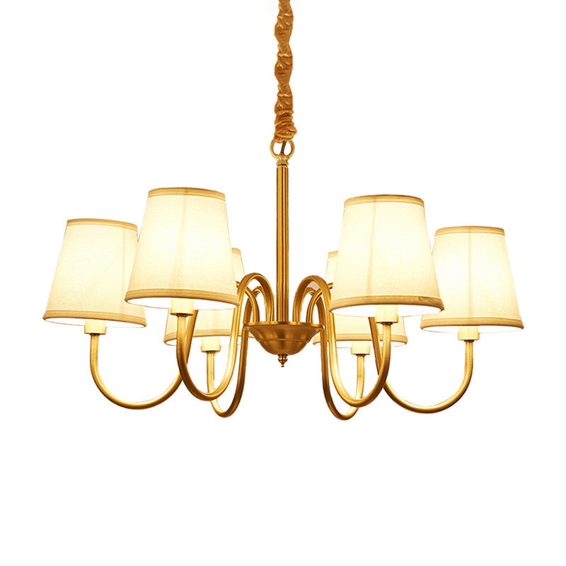 Conical Living Room Hanging Lamp Traditional Fabric 5/6/8-Light Gold Chandelier with Swoop Arm