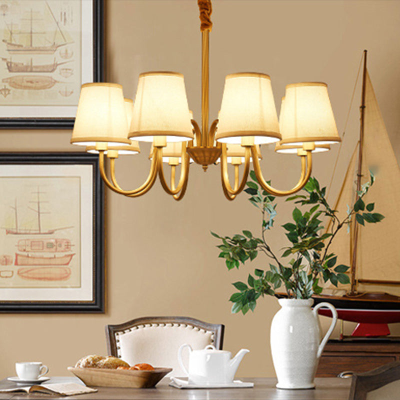 Conical Living Room Hanging Lamp Traditional Fabric 5/6/8-Light Gold Chandelier with Swoop Arm