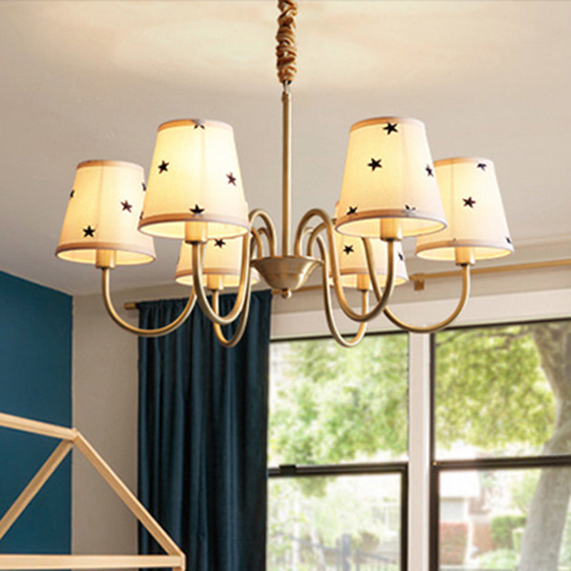 Star Patterned Fabric Conical Chandelier Rustic 3/5/6 Lights Bedroom Ceiling Hang Lamp in Gold