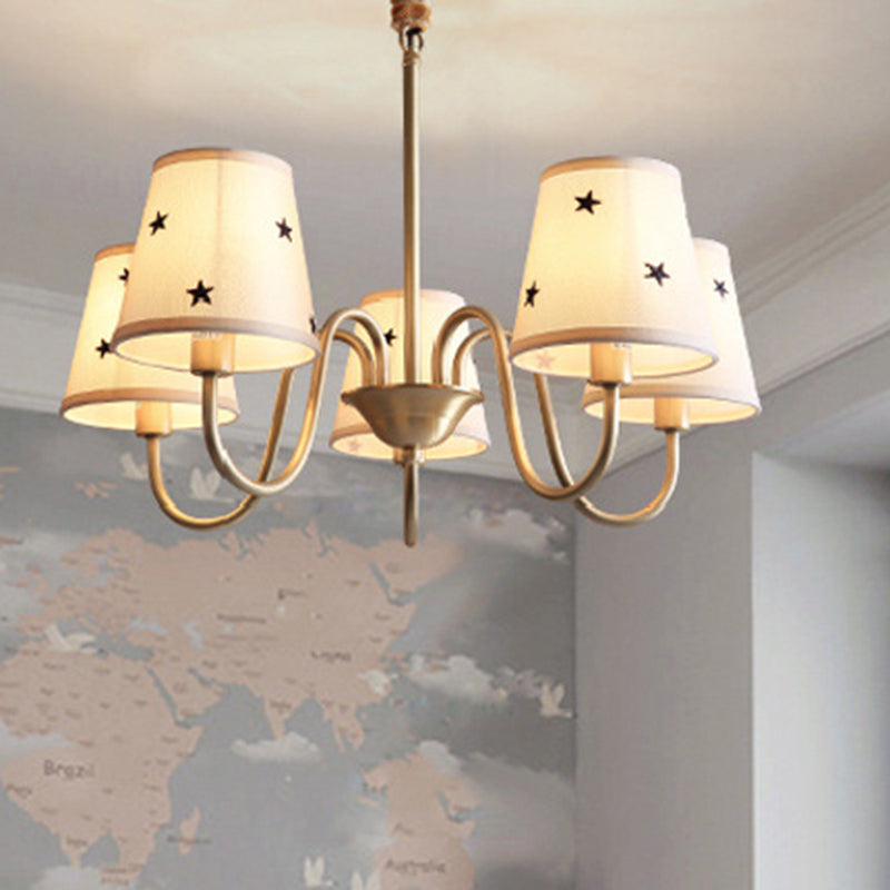 Star Patterned Fabric Conical Chandelier Rustic 3/5/6 Lights Bedroom Ceiling Hang Lamp in Gold