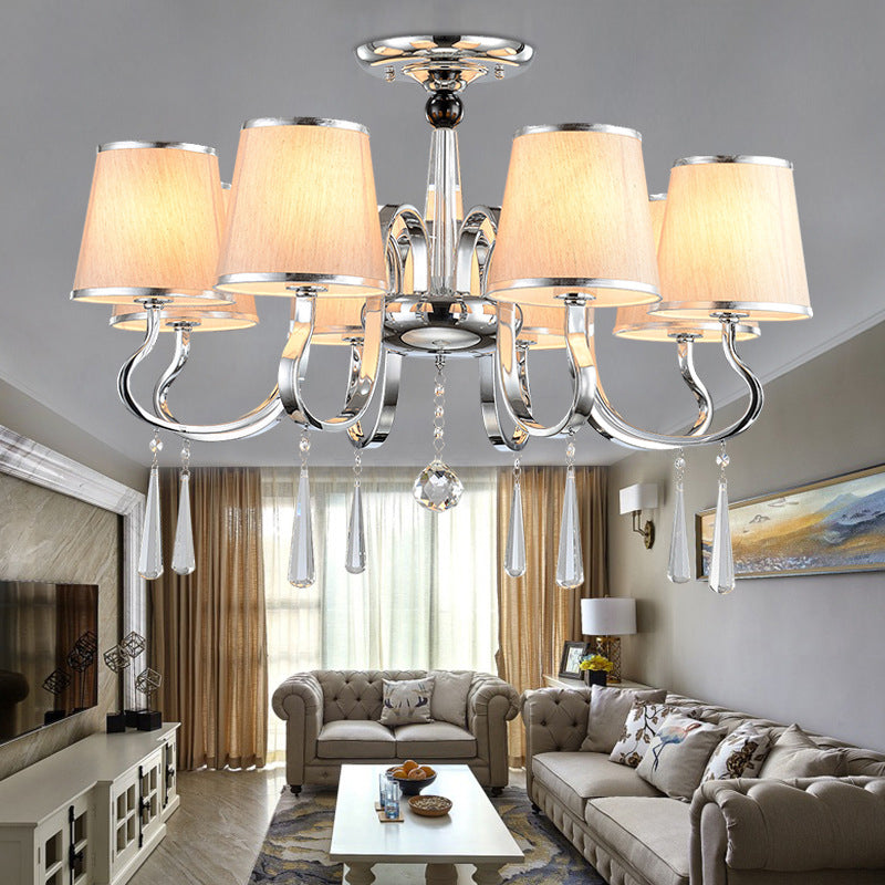 White Tapered Chandelier Light Contemporary Fabric 4/6/8-Bulb Living Room Pendant Lighting with Crystal Drop