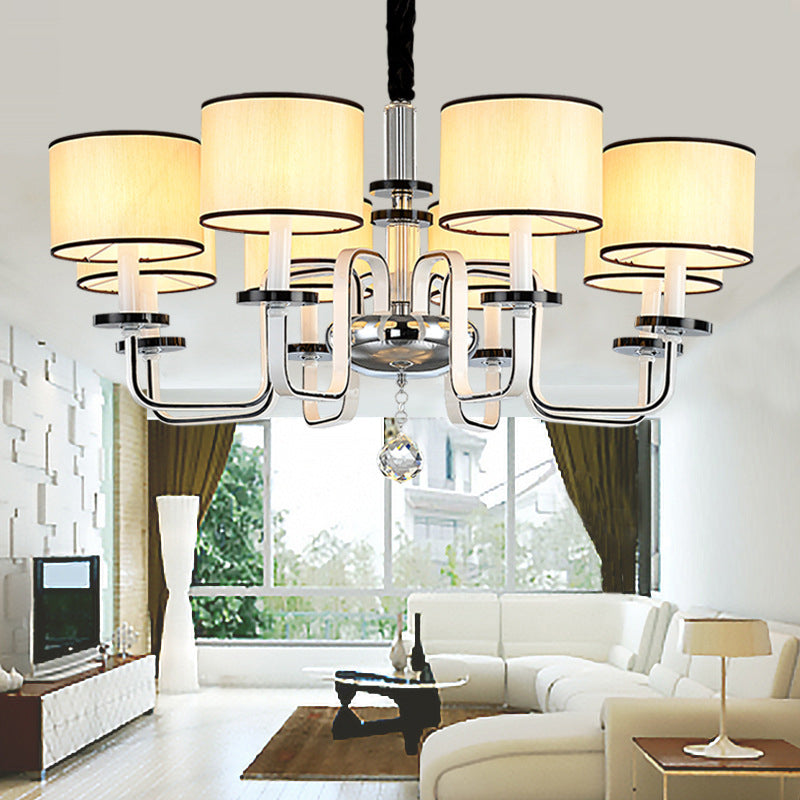 4/6/8 Heads Ceiling Chandelier Modern Living Room Suspension Pendant with Round Fabric Shade in White