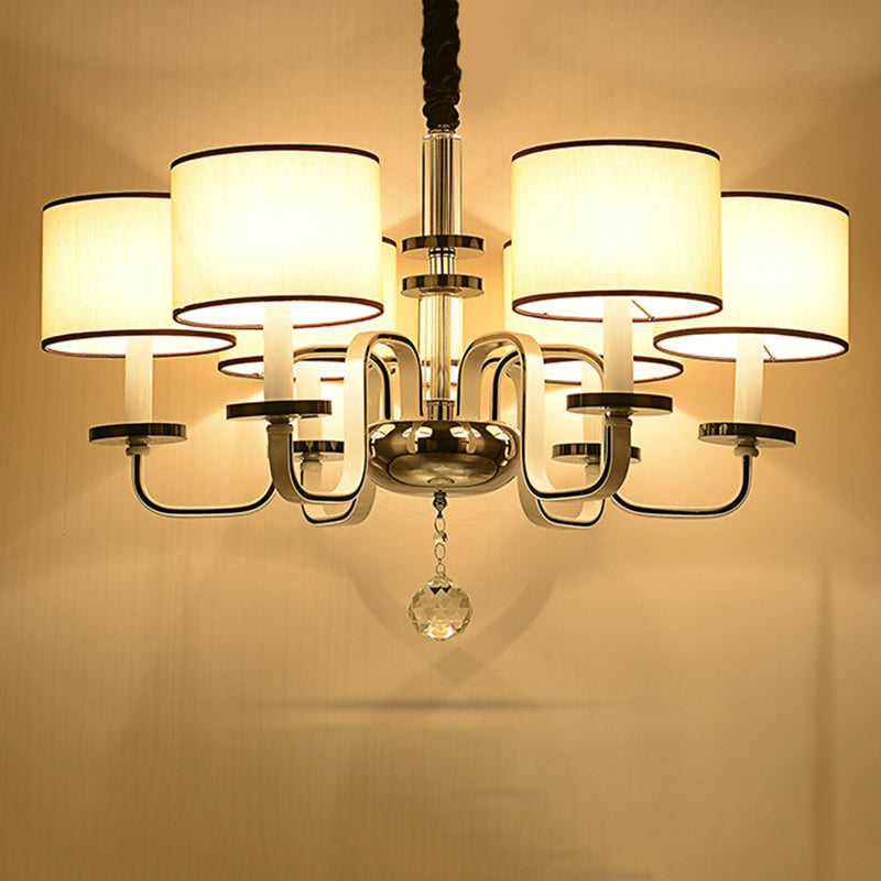 4/6/8 Heads Ceiling Chandelier Modern Living Room Suspension Pendant with Round Fabric Shade in White