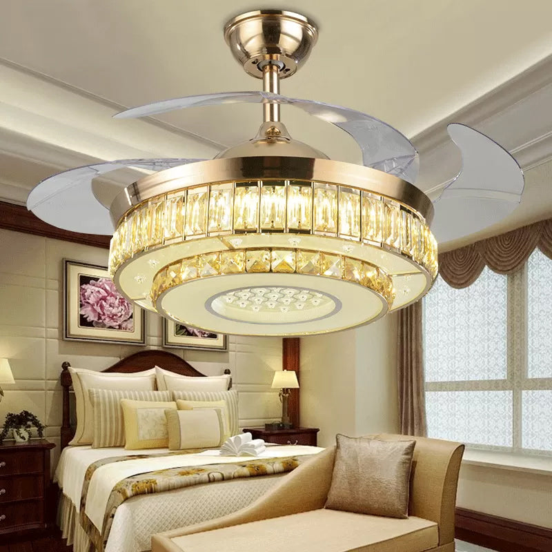 2-stufiger Kreis abgeschrägtes Kristall Semi Flush Moderne 19-Zoll-LED Gold Hanging Lüfterlampe, 4-Blade