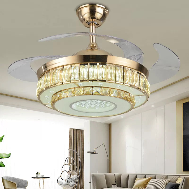 2-stufiger Kreis abgeschrägtes Kristall Semi Flush Moderne 19-Zoll-LED Gold Hanging Lüfterlampe, 4-Blade