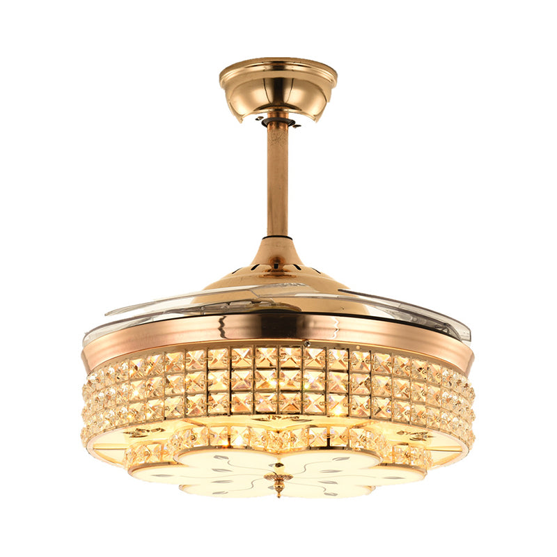 Gefacetteerde kristallen kom semi spoelplafondlicht modern 19 "brede led hanger ventilatorlamp, 4 messen