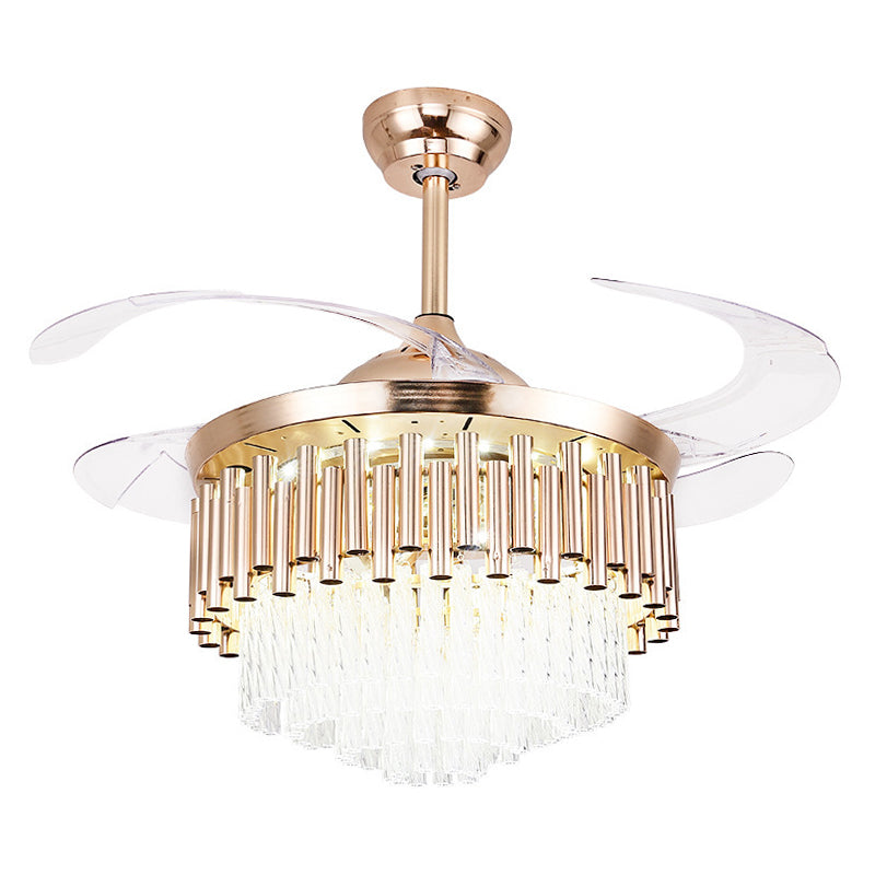 Gefacetteerde kristallen kom semi spoelplafondlicht modern 19 "brede led hanger ventilatorlamp, 4 messen