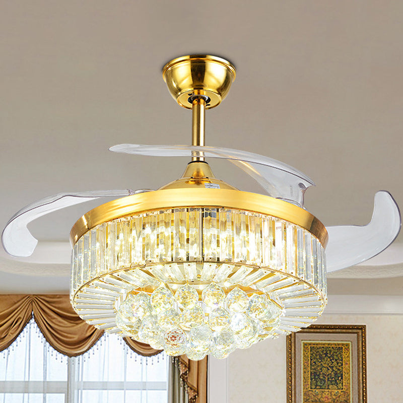 19 "brede kristallen trommel semi -flush mount moderniteit led plafondventilator verlichtingsarmatuur, 4 messen