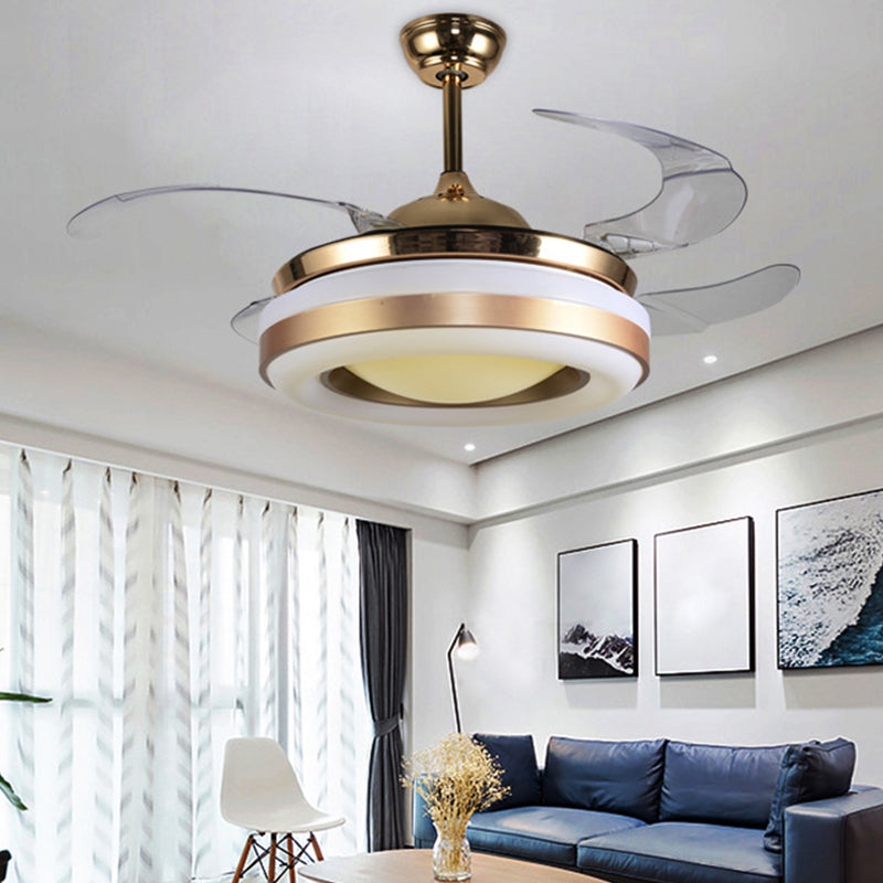 Lámpara de ventilador colgante de oro de 19 "de ancho Modernismo LED acrílico Semi-Flush Light, 4 cuchillas