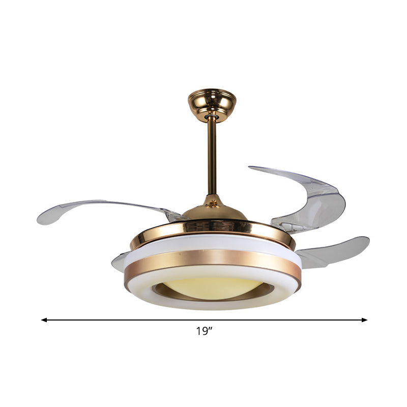 Lámpara de ventilador colgante de oro de 19 "de ancho Modernismo LED acrílico Semi-Flush Light, 4 cuchillas