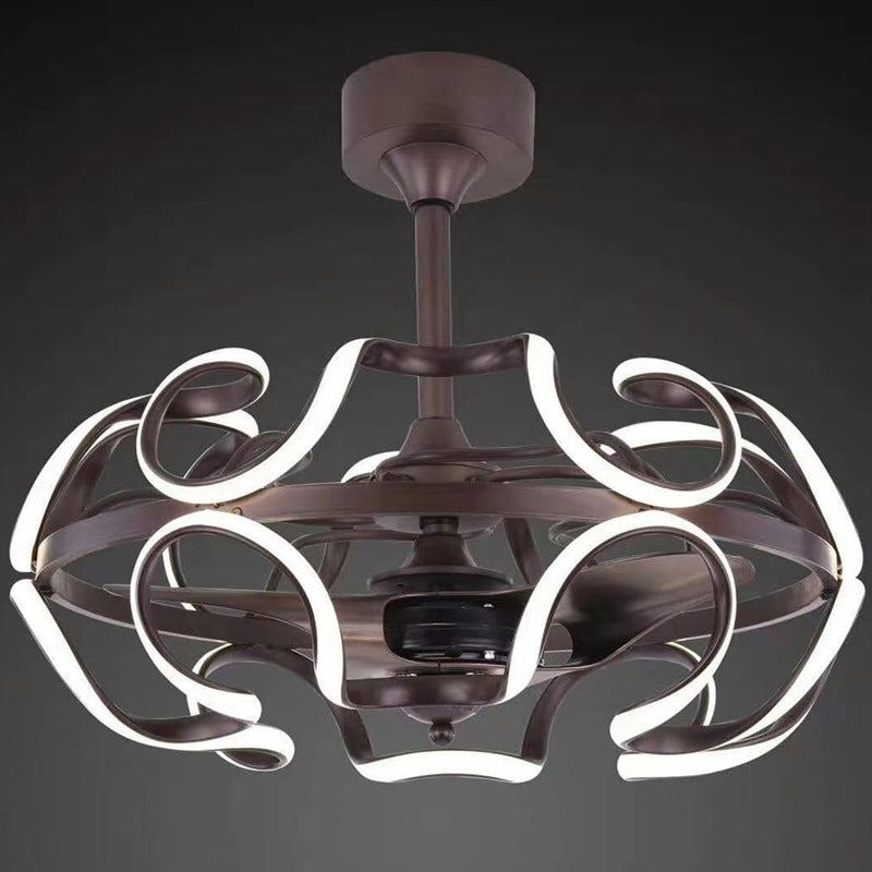3-blade kooi metalen semi-spoelplafondlicht eenvoudig 25,5 "brede led koffiehangende ventilatorlamp