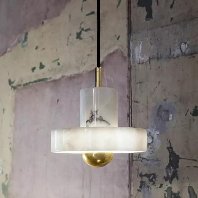 Minimalist Pot-Lid Pendulum Light Marble 1-Bulb Dining Room Suspension Pendant in White and Brass