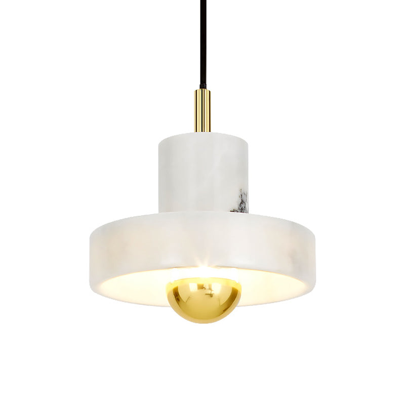 Minimalist Pot-Lid Pendulum Light Marble 1-Bulb Dining Room Suspension Pendant in White and Brass