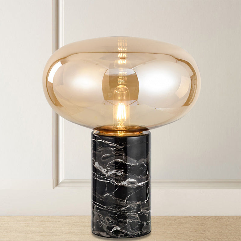 9"/12.5" Wide Cylinder Table Light Designer Marble 1 Head Black Night Lamp with Oval Grey/Amber Glass Shade
