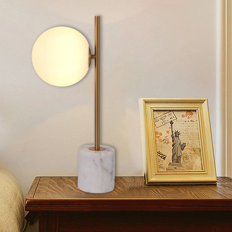 White Glass Ball Night Lamp Simple Single-Bulb Table Stand Light with Brass Pole and Marble Base