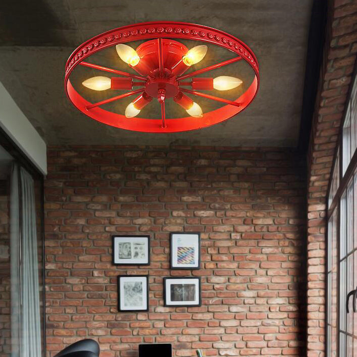 Black/Bronze 6 Heads Semi Flush Ceiling Light Farmhouse Stylish Metallic Wheel Shade Ceiling Lamp for Living Room