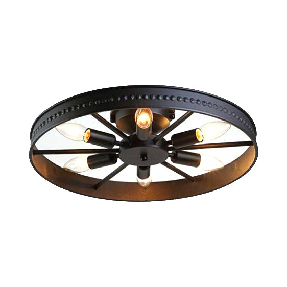 Black/Bronze 6 Heads Semi Flush Ceiling Light Farmhouse Stylish Metallic Wheel Shade Ceiling Lamp for Living Room