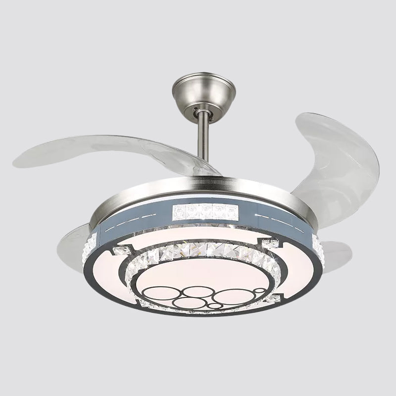 Round Hanging Fan Lamp Fixture Modern Crystal 19" Wide LED Silver Semi Flush Mount Light, 4 Blades