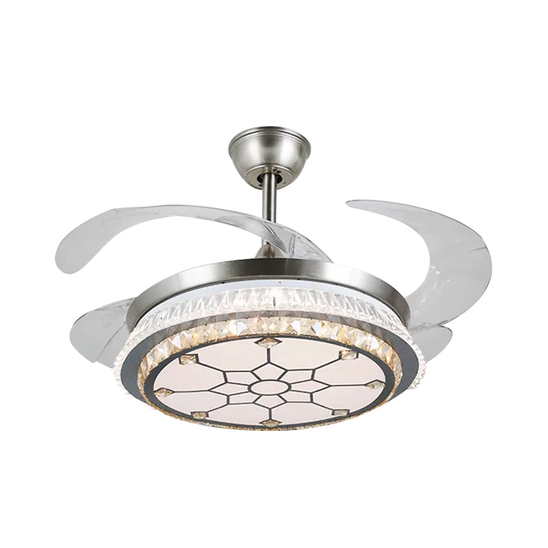 Silberschicht 4 Blades Halbflush Mount Modernismus LED Crystal Anhänger Lüfterleuchte, 19 "breit