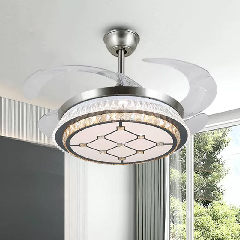 Silberschicht 4 Blades Halbflush Mount Modernismus LED Crystal Anhänger Lüfterleuchte, 19 "breit