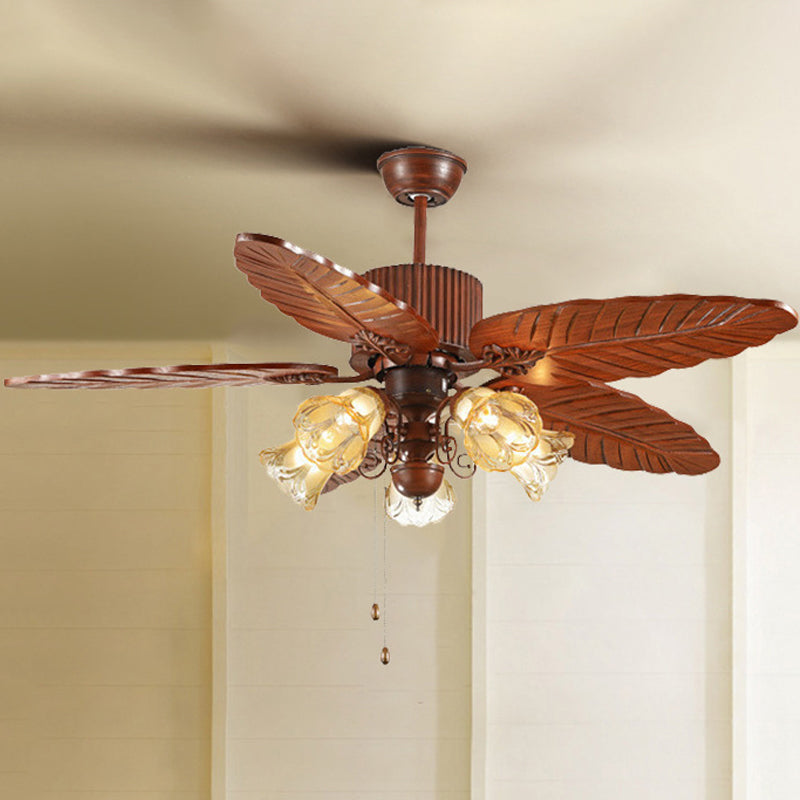 Bell Frosted Glass Pendant Fan Light Simple 5 Blades 5 Lights Brown Semi Flush Mount Lighting with Pull Chain