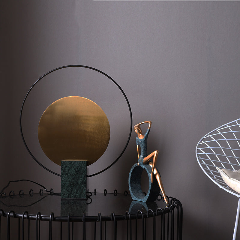 Designer Circular Nightstand Lamp Marble Single-Bulb Living Room Table Light in Black/Green and Brass