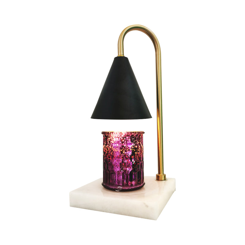 Mid-Century Cone Night Lamp Metal 1 Bulb Bedroom Gooseneck Table Lighting in Black/White/Gold with Marble Tray Base