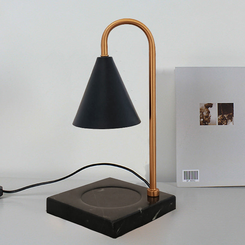 Mid-Century Cone Night Lamp Metal 1 Bulb Bedroom Gooseneck Table Lighting in Black/White/Gold with Marble Tray Base