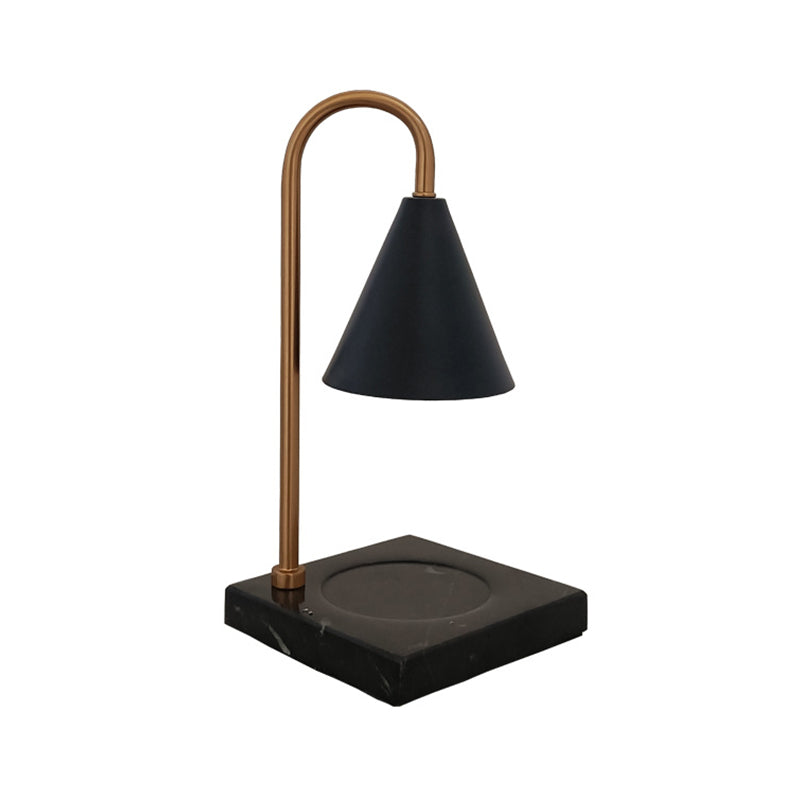 Mid-Century Cone Night Lamp Metal 1 Bulb Bedroom Gooseneck Table Lighting in Black/White/Gold with Marble Tray Base