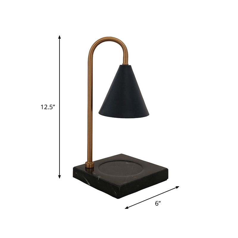 Mid-Century Cone Night Lamp Metal 1 Bulb Bedroom Gooseneck Table Lighting in Black/White/Gold with Marble Tray Base
