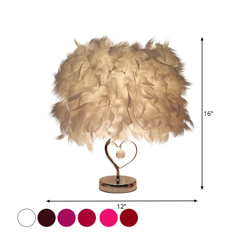 Modern Single Nightstand Lamp Red/White/Pink Bucket Shaped Table Light with Feather Shade and Crystal Drop