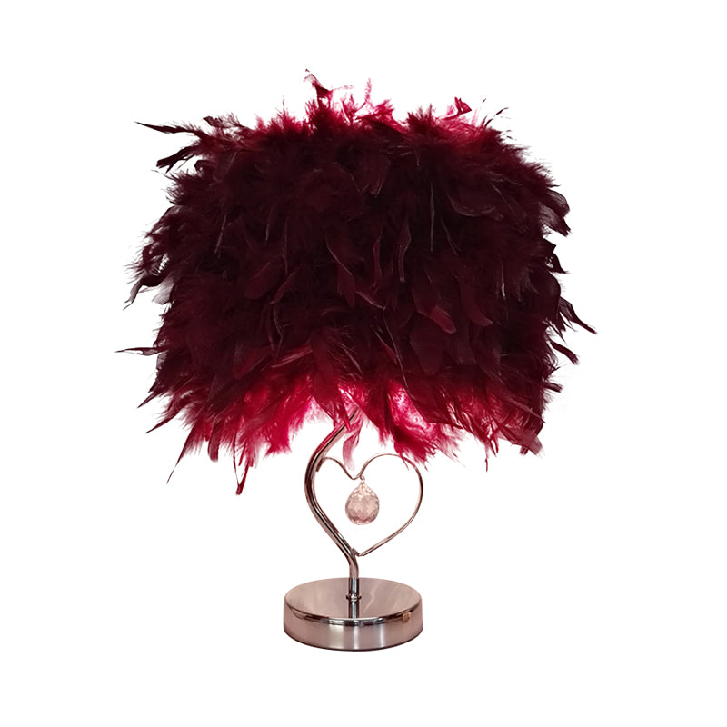 Modern Single Nightstand Lamp Red/White/Pink Bucket Shaped Table Light with Feather Shade and Crystal Drop