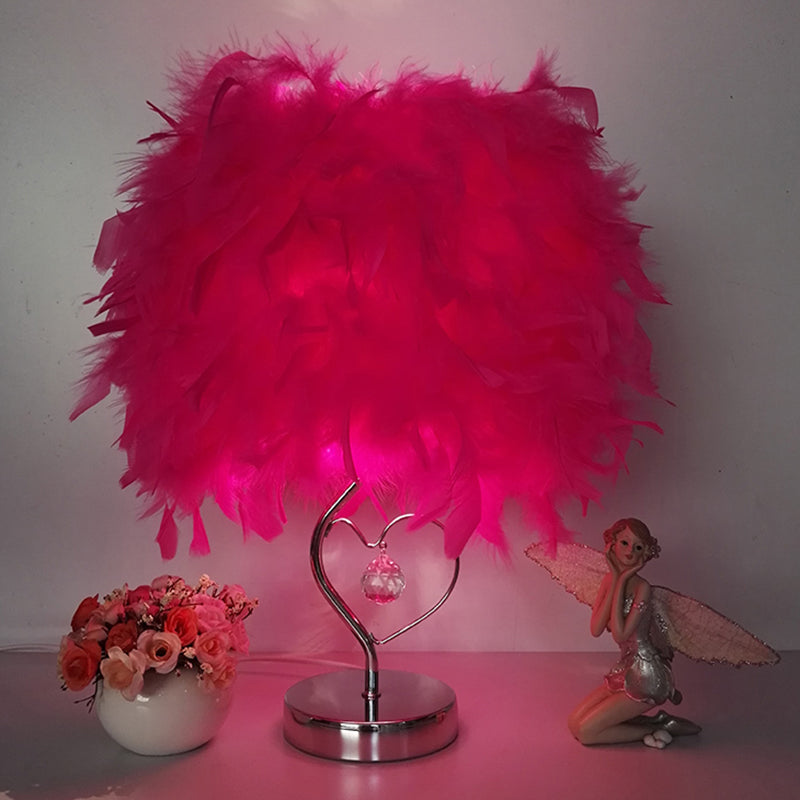 Modern Single Nightstand Lamp Red/White/Pink Bucket Shaped Table Light with Feather Shade and Crystal Drop