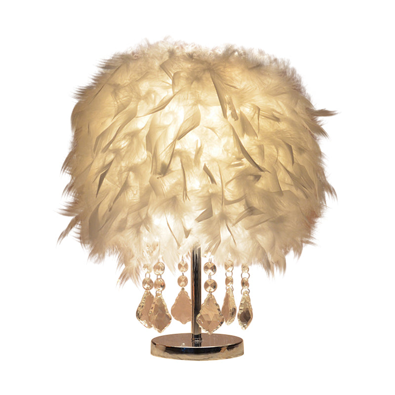 Modernist Cylinder Night Light Feather Single Bedroom Table Lamp in Pink/Peach Red/White with Crystal Strand