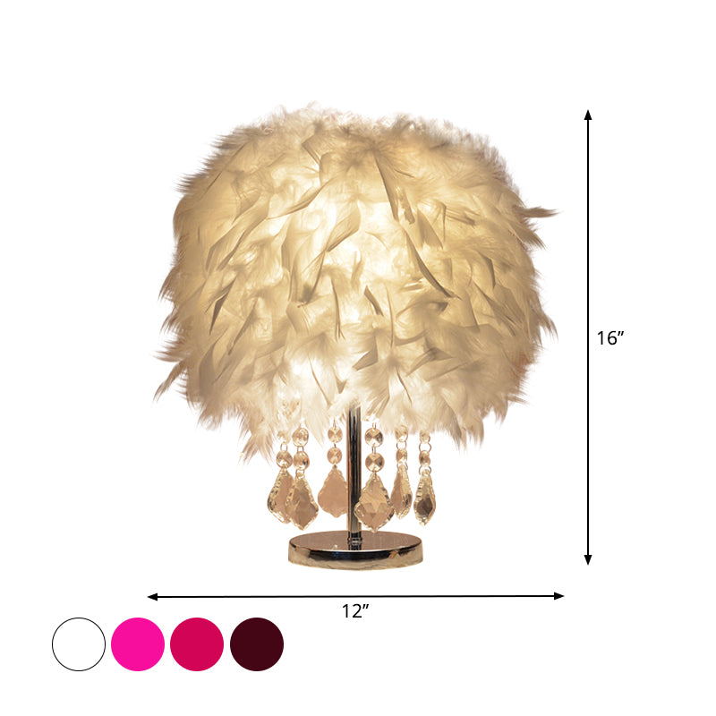 Modernist Cylinder Night Light Feather Single Bedroom Table Lamp in Pink/Peach Red/White with Crystal Strand