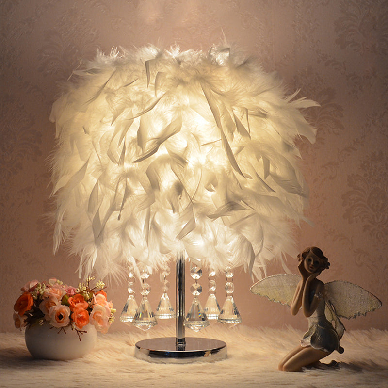 Modernist Cylinder Night Light Feather Single Bedroom Table Lamp in Pink/Peach Red/White with Crystal Strand