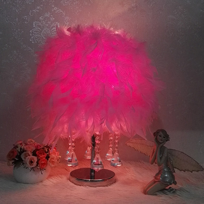 Modernist Cylinder Night Light Feather Single Bedroom Table Lamp in Pink/Peach Red/White with Crystal Strand