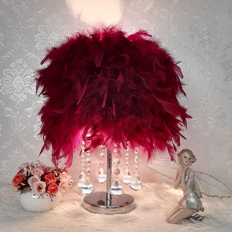 Modernist Cylinder Night Light Feather Single Bedroom Table Lamp in Pink/Peach Red/White with Crystal Strand